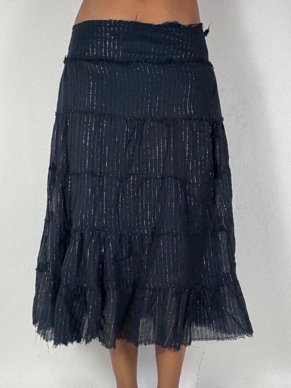 Y2k NAVY AND SILVER PINSTRIPE TIERED MIDI SKIRT